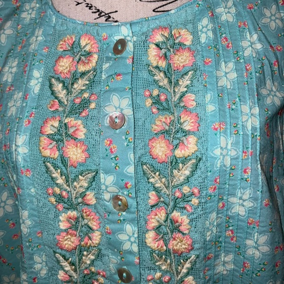 April Cornell Floral Embroidered Button Front Midi Dress Blue Lace Trim Large - Picture 3 of 14